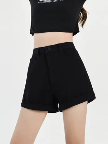 休闲卷边阔腿牛仔短裤女宽松高腰2023春夏小个子显瘦a字热裤ins潮商品大图