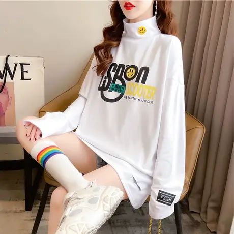 半高领长袖t恤女秋冬韩版宽松大码中长款德绒加绒加厚内搭打底衫图片