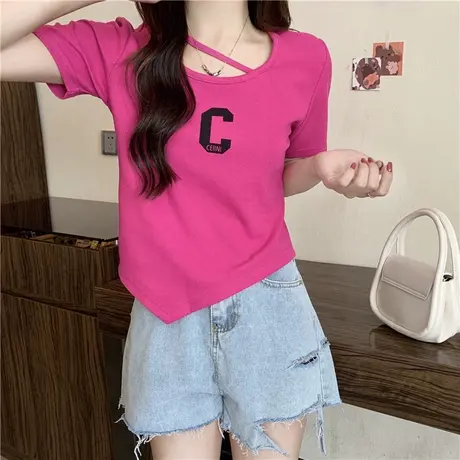 火龙果色短袖t恤女ins潮夏装设计感小众修身短款半袖辣妹纯欲上衣商品大图