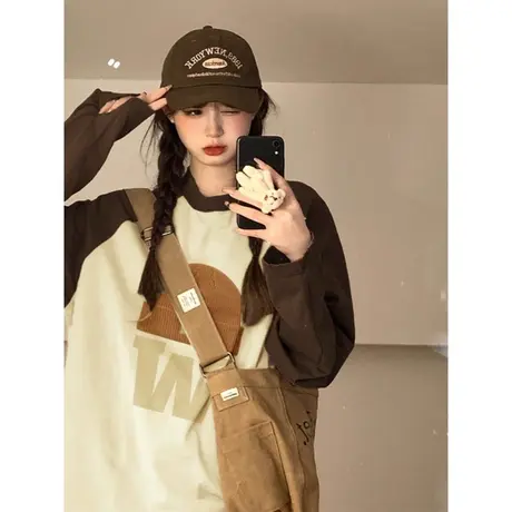 设计感小众撞色拼接T恤长袖女春秋宽松百搭韩版纯棉插肩袖上衣潮商品大图