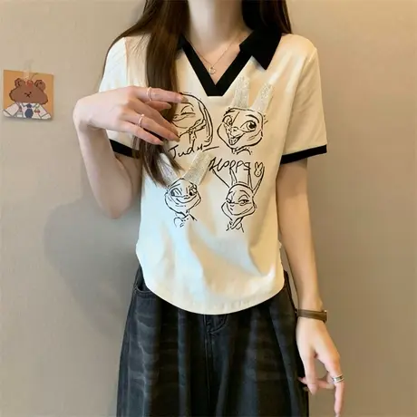 翻领正肩短袖T恤女夏季设计感小众别致独特修身显瘦polo小衫上衣图片