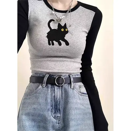 甜辣妹长袖t恤女春秋紧身内搭打底衫短款修身上衣冷淡系独特别致商品大图