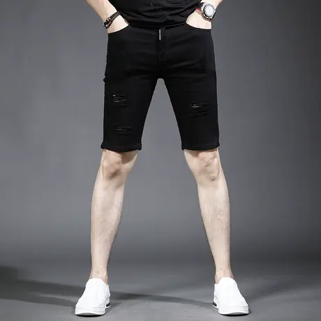 黑色破洞牛仔短裤男夏季薄款2022年新款修身潮牌男士五分裤中裤商品大图