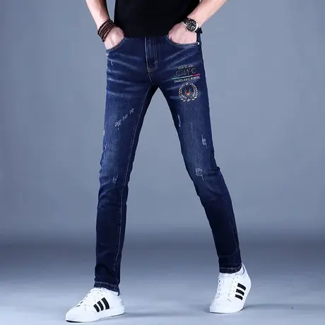 男士蓝色加绒刺绣牛仔裤男款秋冬款新款修身小脚高端潮牌休闲裤子商品大图