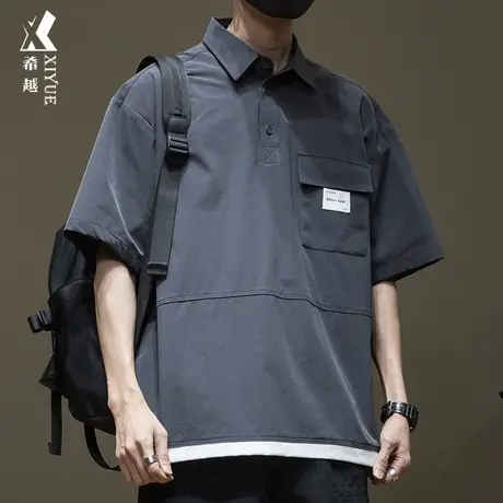 希越夏季速干冰丝Polo衫男高弹假两件短袖t恤宽松大码潮流衬衣潮商品大图
