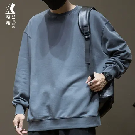 希越320g重磅百搭卫衣男秋季纯色简约圆领套头衫宽松大码胖子上衣商品大图