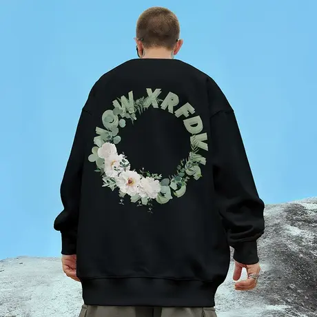 国潮oversize港风圆领卫衣男潮牌ins潮流大码男装秋冬款加绒外套商品大图