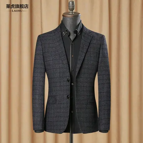 春秋新款休闲小西装男士外套修身百搭格子单西服上衣男中年爸爸装商品大图