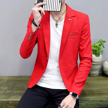 韩版个性红色西服男秋季潮流薄款休闲衣服ins帅气修身小西装外套图片