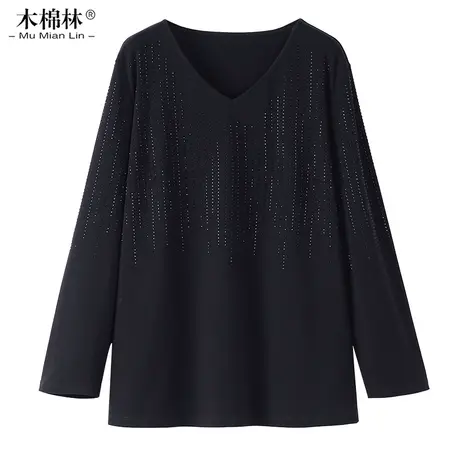 2024春复古别致设计感大码女装长袖T恤胖MM最爱遮肚显瘦烫钻上衣商品大图