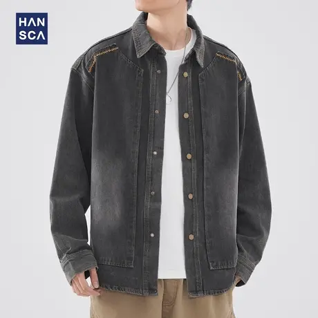 hansca刺绣复古男士牛仔衬衫春季新款设计感宽松痞帅百搭美式外套商品大图