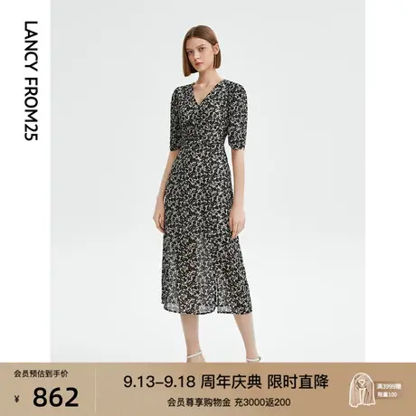 朗姿黑色碎花法式气质收腰显瘦连衣裙2023年新款高级感裙子女夏季图片