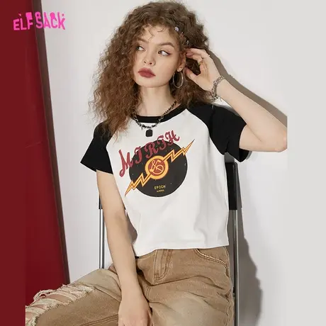 妖精的口袋插肩印花短袖t恤女2023夏季新款bm短款小个子显瘦上衣商品大图
