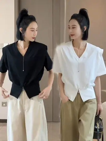 欧货时尚别致V领开叉短袖t恤女设计感小众短款收腰显瘦气质上衣潮商品大图
