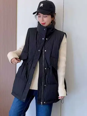 2023秋冬新款羽绒棉马甲女韩版宽松立领收腰显瘦背心保暖上衣外套图片