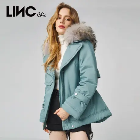 商场同款LINC金羽杰2023冬新款反季短款连帽大毛领派克服羽绒服女商品大图