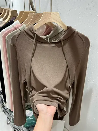 连帽衫运动风休闲上衣侧边褶皱收腰针织衫减龄打底T恤女2023秋装商品大图