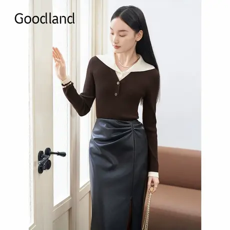 Goodland美地女装2024冬季新款美拉德假两件撞色翻领毛针织衫图片