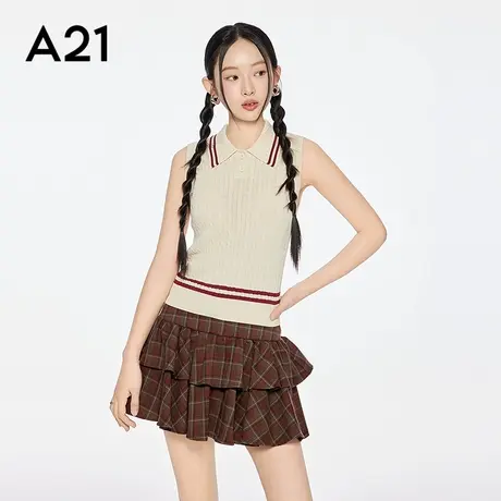 A21女装翻领套头无袖薄款毛针织衫2025夏季新款简约修身显瘦上衣商品大图