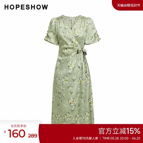 红袖outlets夏季新款女装印花系带收腰围裹式V领套头连衣裙图片