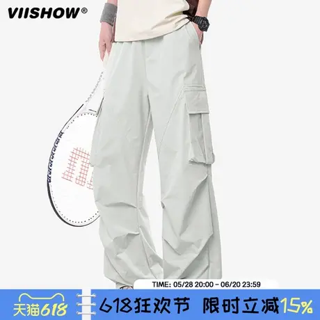 VIISHOW夏季薄款大口袋阔腿工装裤男宽松褶皱百搭直筒休闲长裤子商品大图
