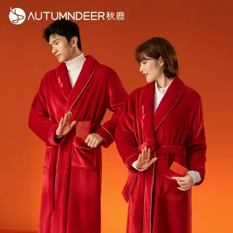 秋鹿法兰绒本命年红色睡袍女冬季加绒加厚情侣结婚新婚晨袍中长款图片