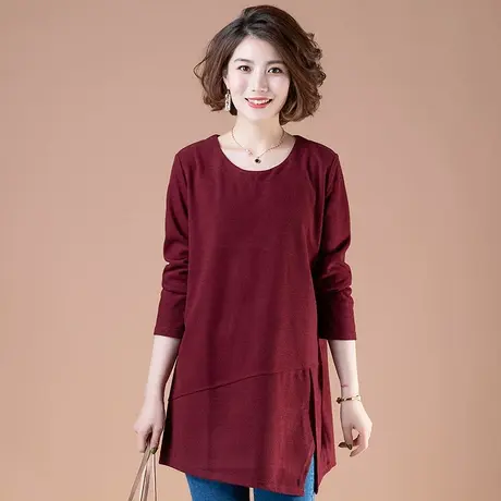 T恤女长袖秋装加肥加大码女装宽松中长款纯色遮肚妈妈打底衫体恤商品大图