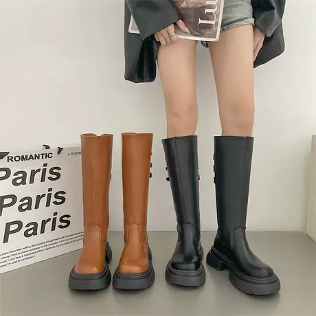 长筒靴女2023春秋季新款法式复古气质时装靴子粗跟厚底显瘦骑士靴商品大图