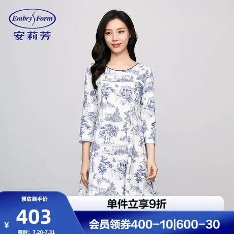 安莉芳专柜新品圆领长袖全棉针织睡裙女士家居裙印花短裙EL00741商品大图