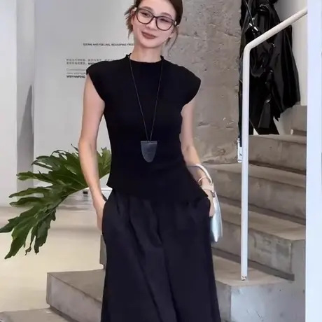 冰丝半高领正肩短袖t恤女夏季韩系设计感显瘦收腰短款针织衫上衣商品大图