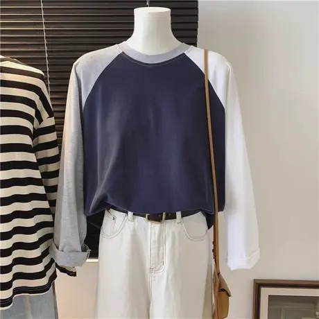 拼色设计感小众长袖T恤女春秋季韩版百搭宽松显瘦纯棉上衣体恤潮商品大图