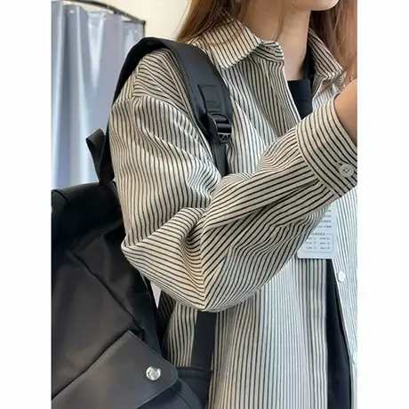 美式复古条纹衬衫男长袖春秋叠穿内搭打底衬衣dk薄款防晒开衫外套商品大图