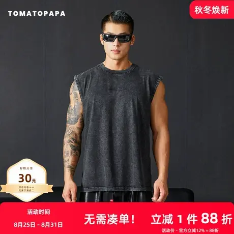 TOMATOPAPA美式复古男士背心字母重磅做旧无袖T恤水洗棉宽松健身商品大图