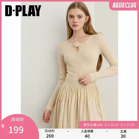 DPALY2025年秋季新款杏色针织衫女含羊绒羊毛镂空修身打底衫上衣图片