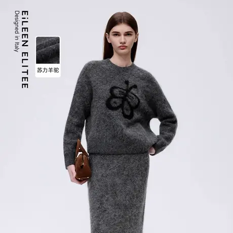 朗姿欧洲EiLEEN ELITEE羊毛圆领宽松短款针织衫气质优雅通勤毛衣图片