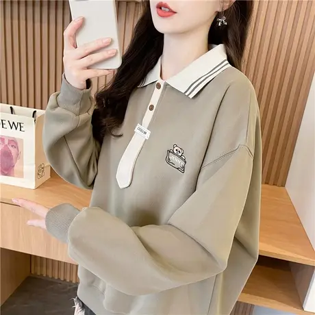 翻领polo衫卫衣女2024新款爆款秋冬季韩版宽松加绒加厚初中生外套商品大图