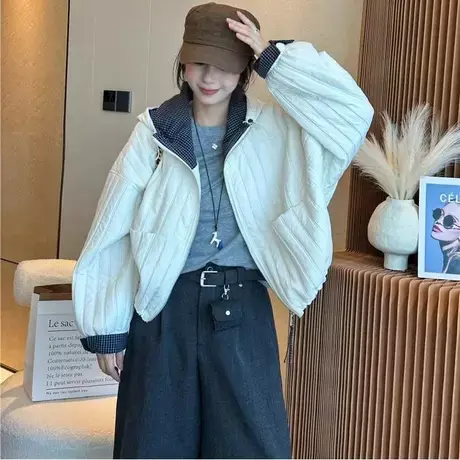 设计感连帽拉链竖条压棉外套女2025秋季新款格子拼接宽松休闲上衣商品大图