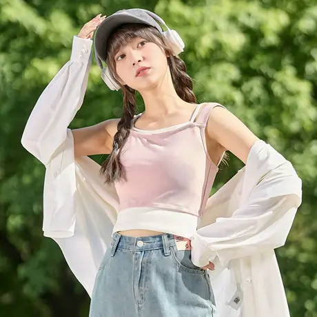 唐狮夏季新款打底背心女士针织假两件小吊带内搭黑色美背外穿TD图片