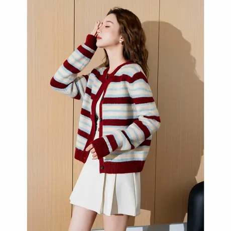 唐狮新款秋冬女毛衣开衫圆领条纹韩系慵懒风高级感毛线衫潮TE图片