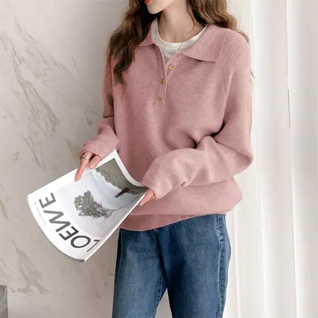 唐狮秋冬季女毛衣简约百搭翻领半开襟套头干净日常休闲毛线衫tu图片