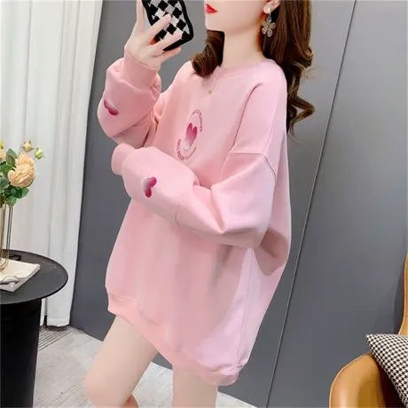 粉色圆领爱心卫衣女薄款2023年新款春季韩版宽松洋气减龄学生上衣图片