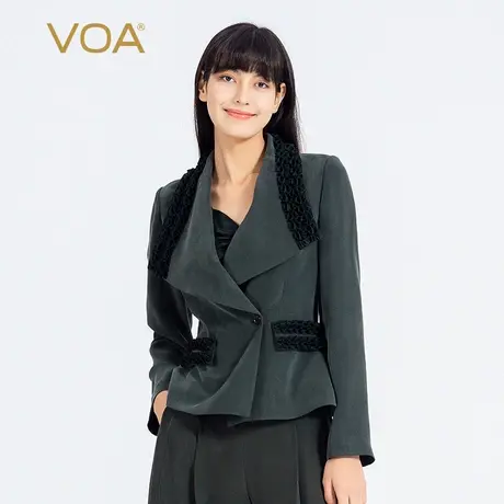 VOA真丝重磅40姆米长袖加厚翻领木耳花装饰盖袋设计时尚百搭外套图片