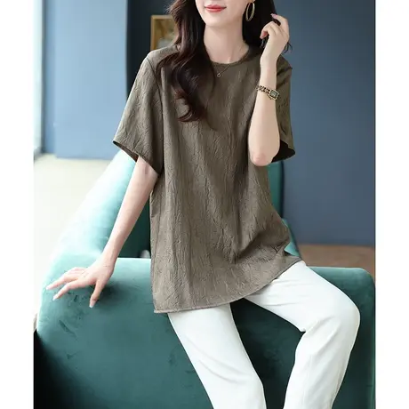 宝诗黎圆领肌理感纯色宽松上衣休闲女装2023夏季新款短袖压褶T恤商品大图