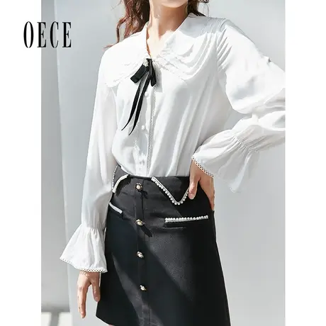 Oece秋装新款女装 云朵限定法式甜心复古娃娃领系带长袖衬衫商品大图