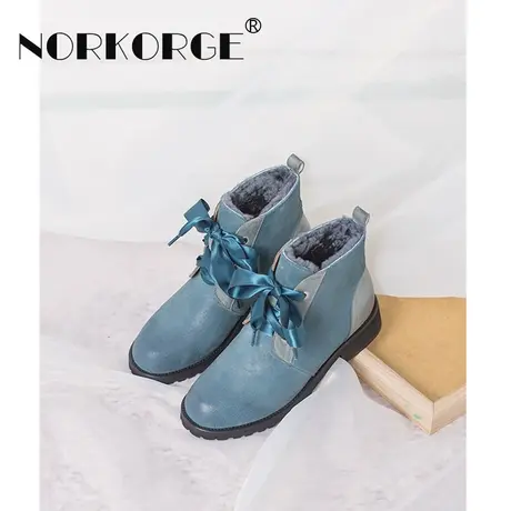 原创复古雾蓝色雪地靴女真皮系带粗跟平底鞋防滑羊羔毛短靴马丁靴商品大图