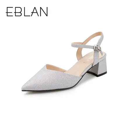 伊伴包头凉鞋仙女风春季中跟尖头闪亮后空单鞋婚鞋粗跟商品大图