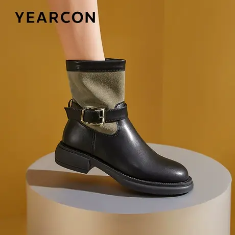 意尔康平底马丁靴女2023秋冬圆头时尚皮带扣炸街中长短靴子弹力靴商品大图