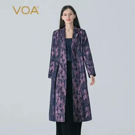 VOA桑蚕丝色织提花暗紫色V领长袖三粒扣通勤宽松中长款真丝风衣图片