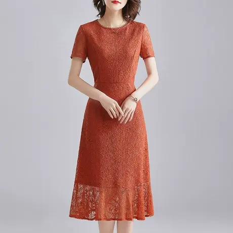 水墨青华连身裙夏季新款连衣裙短袖纯色裙子中长款修身蕾丝裙商品大图