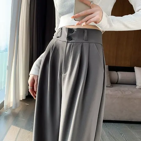 阔腿裤女春秋高腰显瘦垂感梨形身材裤子直筒拖地裤双扣休闲西装裤图片